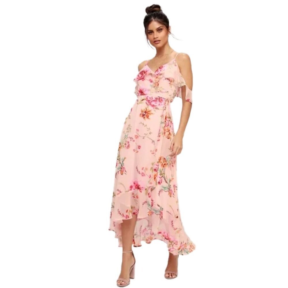 🆕 LULU’S Ella Blush Pink Floral Print Off-the-Shoulder Midi Dress Size XS